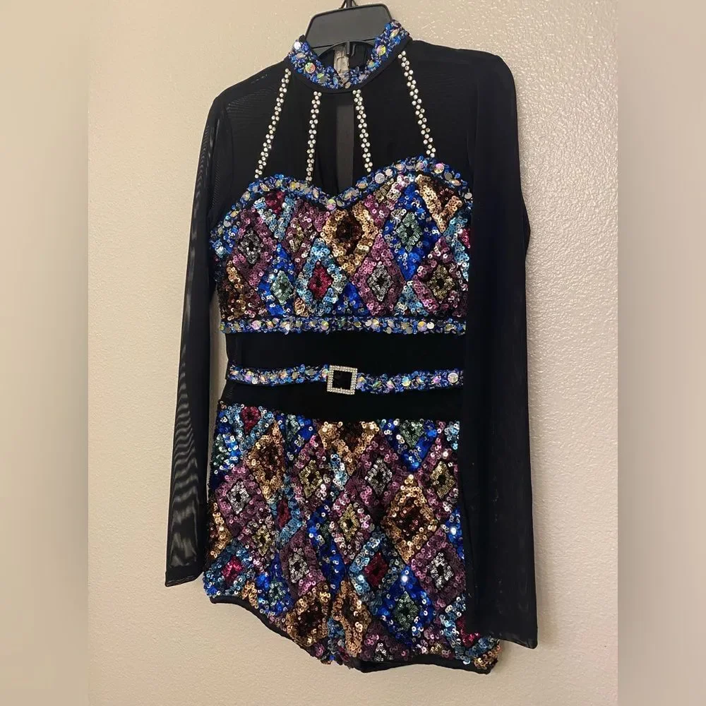 Glamour solo custom dance costume black blue leotard rhinestone LA-Large adult